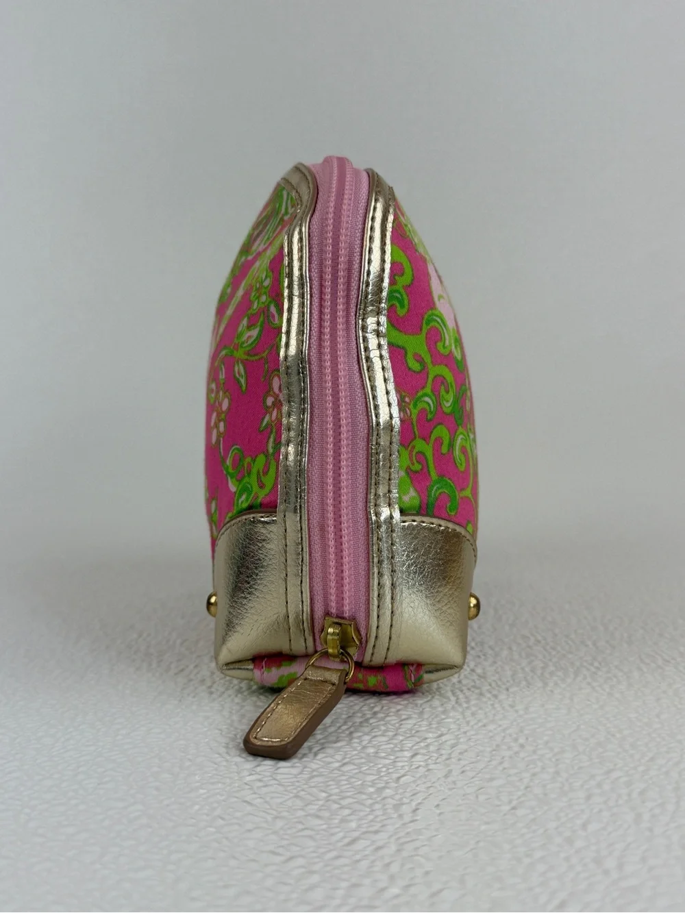 Lilly Pulitzer Pink Green Print Cosmetic Makeup Bag Zip Pouch Gold Tone Metallic